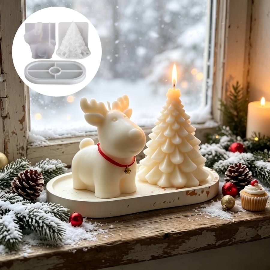 Candle Making Kits - Ton-Silikonform 3-teiliges Set: Weihnachtshirsch, Weihnachtsbaum-Kerze und